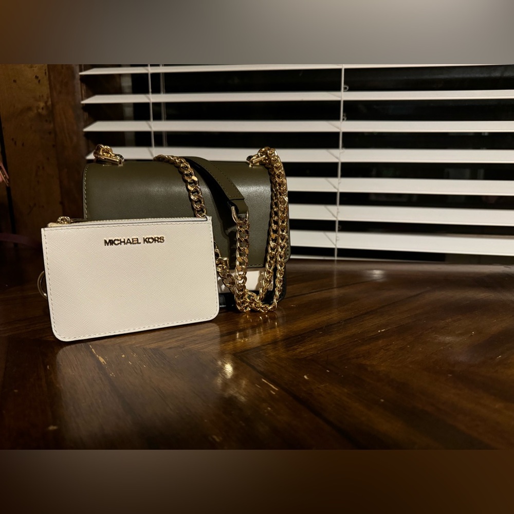 Michael Kors Green/White Multi Color chain crossbody with matching ID wallet!
